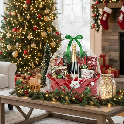 ShellKingdom Storage Basket with Handles, Empty Gift Basket with Gift Bags and Ribbon for Christmas, Small Woven Baskets for Home, Nursery Storage Organizer, 12 X 8 X 5 INCH, Christmas Red
