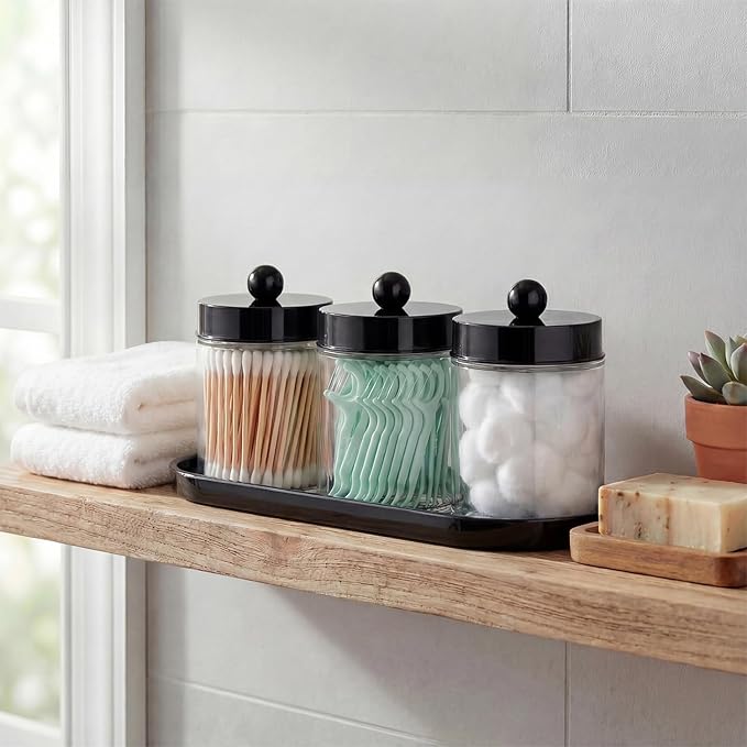SheeChung Qtip Holder 3pcs, Glass Apothecary Jars with Acrylic Vanity Tray, Cotton Round Holder, Countertop Guest Canister Bathroom Organizers and Storage for Cotton Swabs/Balls, Floss Picks