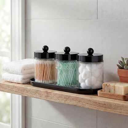 SheeChung Qtip Holder 3pcs, Glass Apothecary Jars with Acrylic Vanity Tray, Cotton Round Holder, Countertop Guest Canister Bathroom Organizers and Storage for Cotton Swabs/Balls, Floss Picks