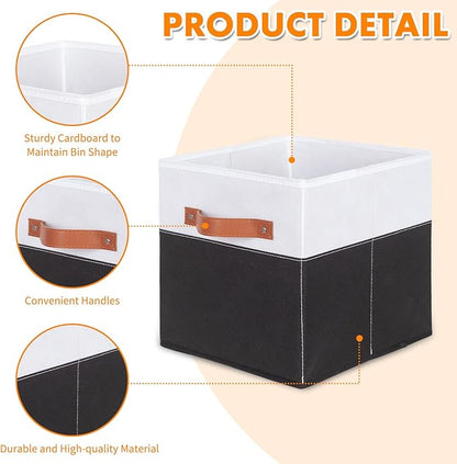 ShellKingdom Storage Bins, Two-Tone Foldable Fabric Storage Cubes with Leather Handle for Closet Toys Clothes Storage Organizer Drawer, 10.5 X 10.5 X 11 inch, 2 Pack (White/Black)