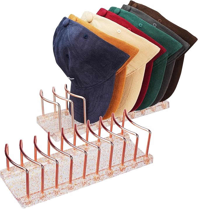 Rose Gold Hat Stand & Cap Organizer | 18-Hat Rack, Sturdy Metal Baseball Cap Holder | Rust-Proof Tabletop Storage for Closet, Bedroom, Dressing Table (Easy Assembly) 2Pcs