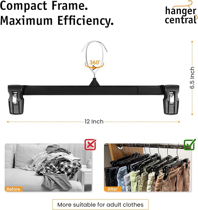 12 Pack Pants Hangers – 12 Inch Slim Plastic Clothes Hangers with Clips for Skirts, Pants, Shorts – Space Saving Heavy Duty Closet Organizer with Non Slip Grip & Swivel Hook – Black