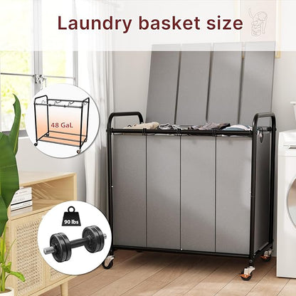180L Laundry Sorter 4 Section – Heavy Duty Rolling Laundry Basket with Lockable Wheels and Lid, 4 Large Separate Removable Bags, Laundry Hamper Cart for Laundry Room Organizer (Grey)