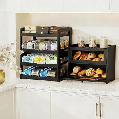 BAMBANG Can Organizer for Pantry, Detachable Bamboo 4 Tier Stackable Can Storage Rack, Rolling Soda Can Dispenser Can Holders for Cabinet, Holds Up to 48 Cans, Black