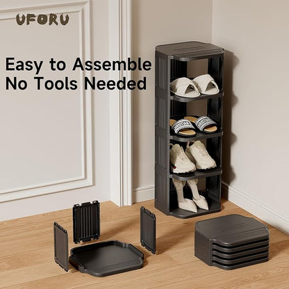 UFORU Small Shoe Rack, 7 Tier Plastic Vertical Shoe Rack for Small and Narrow Spaces, Free Standing Shoe Organizer for Closet, Entryway (Black)