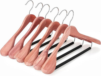 TOPIA HANGER Unfinished American Red Cedar Wood Coat Suit Hangers, Luxury Wooden Jacket Clothes Hangers, Wide Shoulder with Black Padded Pant Bar- 360°Flexible Hook, 6 Pack- Natural- CT07W-6