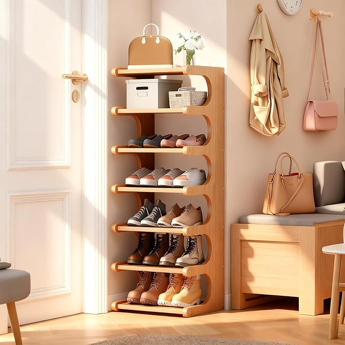 Vertical Shoe Rack 7 Tier, Bamboo Narrow Shoe Rack for Small Spaces, Freestanding Shoe Storage Organizer for Entryway Closet, Space Saving Skinny Shoe Shelf