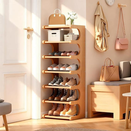 Vertical Shoe Rack 7 Tier, Bamboo Narrow Shoe Rack for Small Spaces, Freestanding Shoe Storage Organizer for Entryway Closet, Space Saving Skinny Shoe Shelf