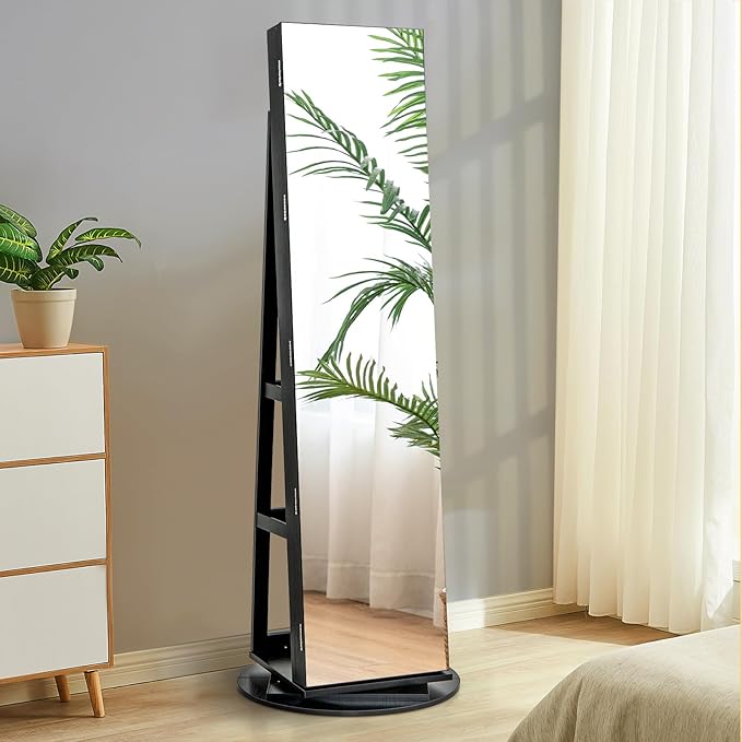 Multigot 3-Color LED Lights Jewellery Cabinet, 3-in-1 360° Swivel Jewelry Armoire with Full-Length Mirror, Lockable Cosmetic Storage Organizer for Dressing Room Living Room Bedroom (Black)