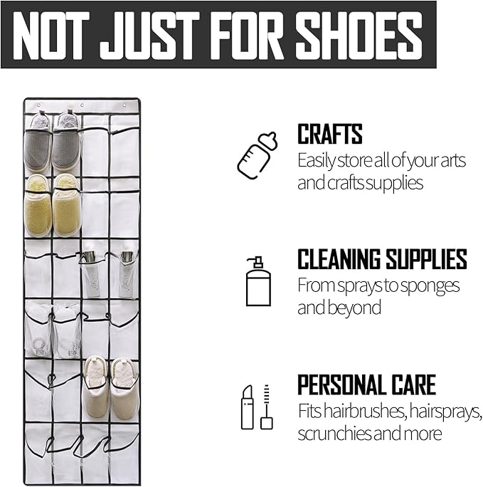 Over the Door Shoe Organizer, 24 Large Breathable Mesh Pockets, Space Saving Hanging Storage Holder, Hangs on Closets for Shoes, Accessories, 3Hooks, GREY (66"x 19")