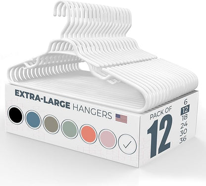 Large & Wide Heavy Duty Clothes Hangers 12 Pack – Made in USA – Ideal for Plus Size Clothing – 10lb Plastic Hangers with Notches for Oversized Adult Coats & Pants – White
