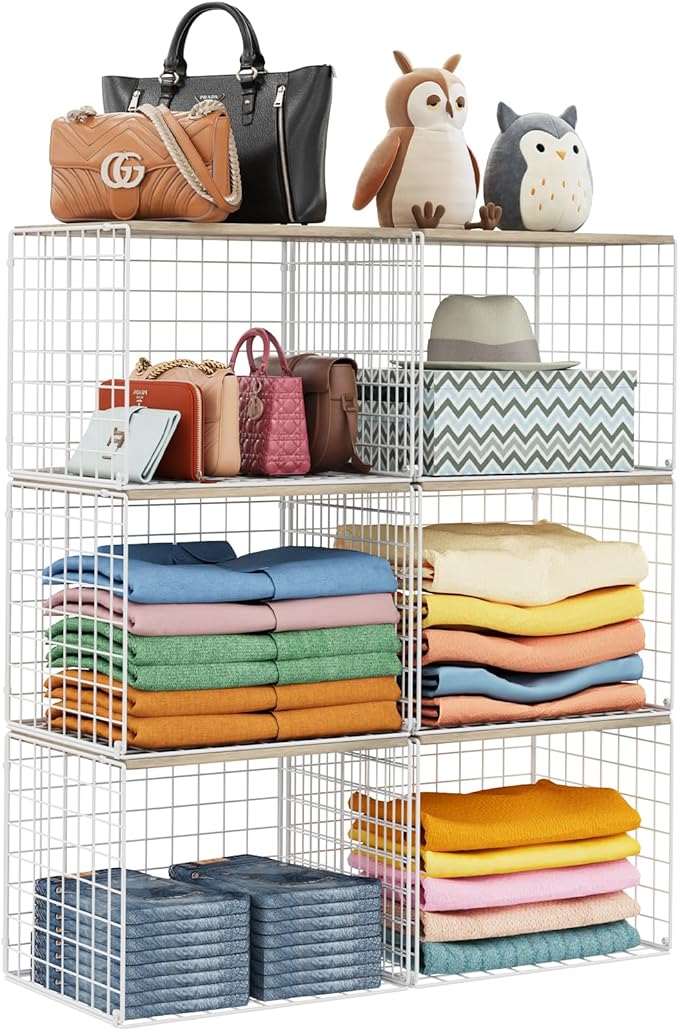 6 Pack Closet Organizers And Storage, Stackable Closet Shelf Organizer Storage Bin Basket For Clothes Sweaters With Top Board, Widened Opening, Heightened Height, Large Capacity, Sturdy, Space-saver