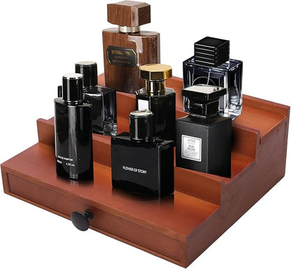 3 Tier Cologne Organizer for Men - Brown Wooden Cologne Perfume Display Stand with Drawer and Hidden Compartment, Mens Cologne Rack Holder Shelf for Room