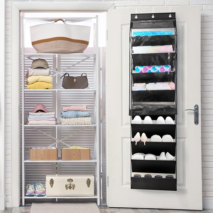 WERNNSAI Over the Door Shoe Organizer with Clear Curtain Dustproof, 9-Shelf Shoe Rack, Deep Pockets Large Hanging Shoes Rack for Closet Door Dorm Bedroom Guest Room Black
