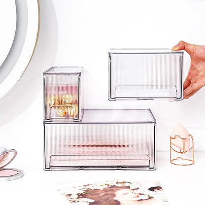 Clear Stackable Makeup Organizer, 3 Pack Plastic Drawer Storage with Handle for Vanity Bathroom Countertop, Transparent