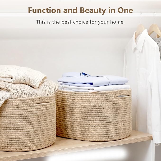 ECDYQXVU Cotton Rope Storage Basket, 15x10x9 Inches, Woven Basket for Shelves, Clothes, Towels, Books, and Laundry, Jute Brown (1 Pack)