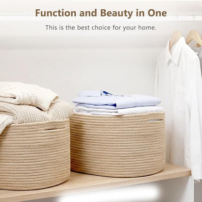 ECDYQXVU Cotton Rope Storage Basket, 15x10x9 Inches, Woven Basket for Shelves, Clothes, Towels, Books, and Laundry, Jute Brown (1 Pack)