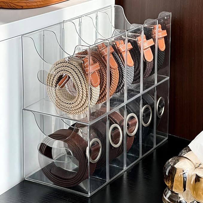 Belt Organizer, Acrylic Belt Storage Holder for The Closet, 5 Compartments Clear Belt Storage Holder for Closet & Drawer, Wall Mountable Display Rack for Belts, Ties, Scarves, and Purse Accessories