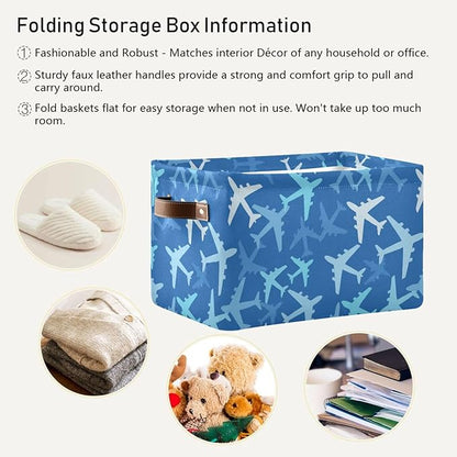 Airplanes in The Sky Large Storage Basket Cube Storage Bin Canvas Fabric Organizer Handles Collapsible Decorative for Clothes Toys Bedroom