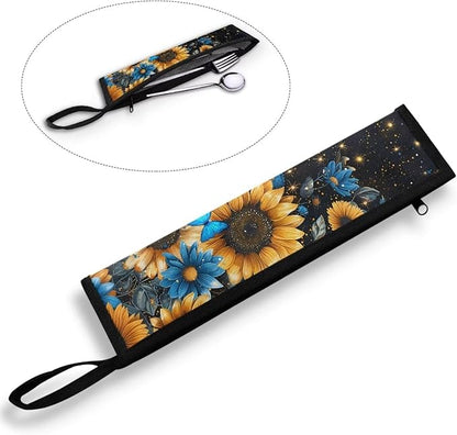 COEQINE Sunflower Utensil Case Black Cutlery Pouch Metal Straws Case Reusable Tableware Carrying Bag Zipper Flatware Bag Portable Travel Utensil Holder for Straw Knife Spoon Fork Chopsticks Gift