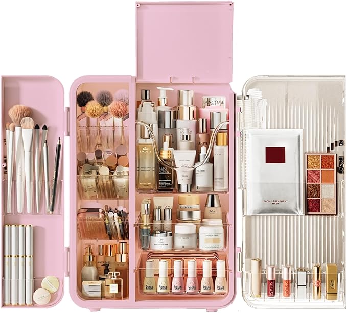SEE SPRING Makeup Organizer for Vanity, Large Capacity Skincare Organizers and Storage with Drawers, Dustproof Cosmetic Display Case for Bathroom Countertop, Trendy Teen Girl Gifts, Pink