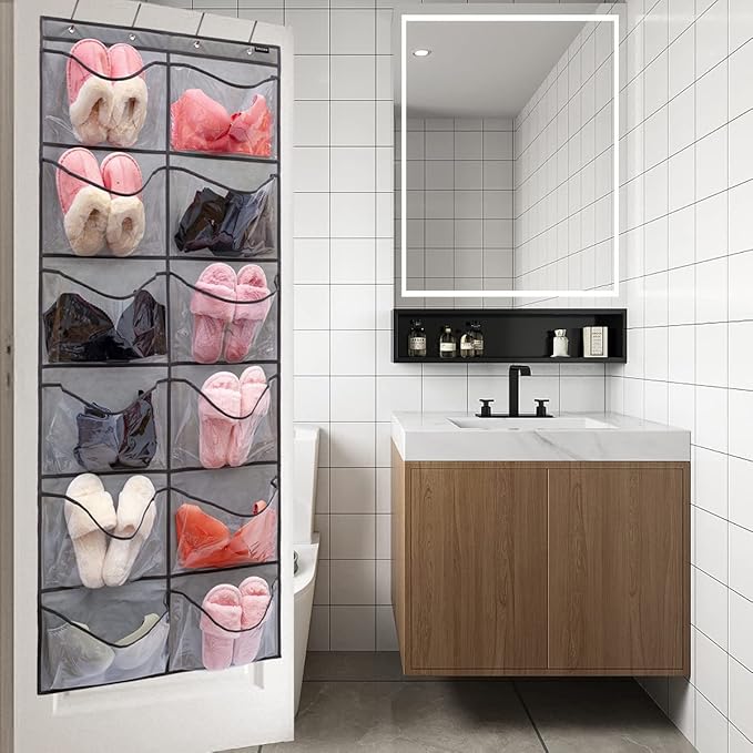 Extra Large Pockets Shoe Organizer Hanging Shoe Rack Organizer for Bedroom Shoe Storage Bathroom Shoe Holder with 12 Clear Pockets (12 Large Pockets-Grey)