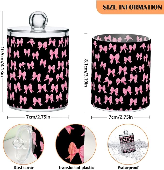ALAZA 2pcs Funny Bow Black Qtip Holder Dispenser 14 oz Bathroom Storage Clear Apothecary Jars Containers Cotton Ball,Cotton Rounds,Floss Picks, Hair Clips, Food