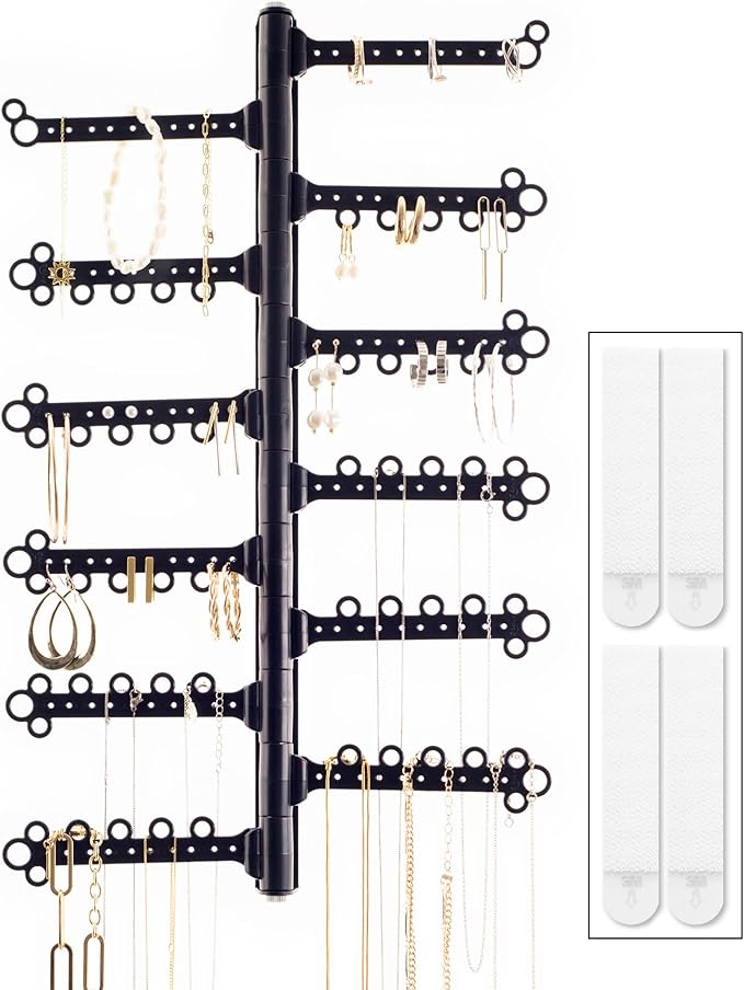 AllHungUp 12-Tier Wall Jewelry Organizer Wall Mounted Jewelry Organizer Necklace Holder Wall Mount Hanging Necklace Organizer Jewelry Hanger Wall Mounted Earring Holder Display Earring Organizer Black