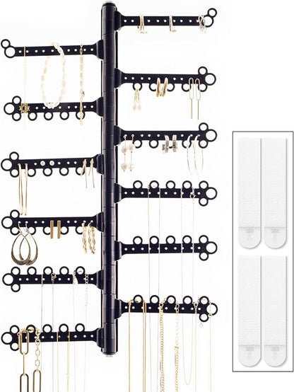 AllHungUp 12-Tier Wall Jewelry Organizer Wall Mounted Jewelry Organizer Necklace Holder Wall Mount Hanging Necklace Organizer Jewelry Hanger Wall Mounted Earring Holder Display Earring Organizer Black