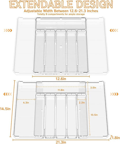Yieach Clear Expandable Silverware Drawer Organizer - Adjust From 11'' to 22'' - Knife,Cutlery,Spoons and Forks Organizer,Large 8 Grid Flatware,Silverware Tray,Utensil Organizer for Kitchen Drawers