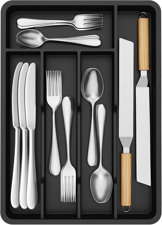 Lifewit Silverware Drawer Organizer Tray, Plastic Cutlery Storage for Kitchen, Flatware and Utensil Holder Divider for Spoons Forks Knives Tableware, 9.5 x 13.4", 5 Slots, Black