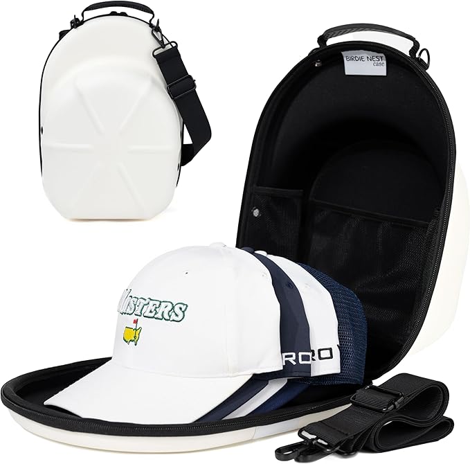 Golf Hats Baseball Caps Travel Case - Hat Carrier & Organizer | White Hard-Shell | Fits 6 Caps | Protect Hats | Ventilated EVA, Double Zipper, Handle & Strap