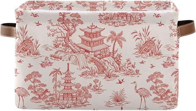 Chinoiserie Style Storage Baskets,Decorative Collapsible Rectangular Canvas Fabric Storage Bin for Home