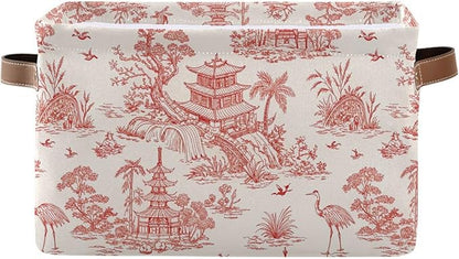Chinoiserie Style Storage Baskets,Decorative Collapsible Rectangular Canvas Fabric Storage Bin for Home