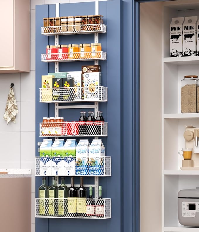 Bunoxea 6-Tier Over The Door Pantry Organizer,Hanging Spice Rack with Adjustable Basket,Over Door Racks,Pantry Organization And Storage, Laundry Room,Bathroom,Large Capacity,D5.3xW15.7xH60.9in