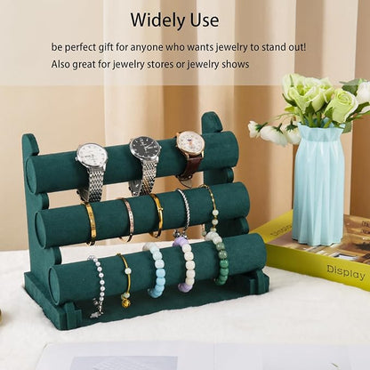 3 Tier Bracelet Holder Organizer, Velvet Bracelet Display Stand for Selling, Detachable Watch Organizer Racks(Green)