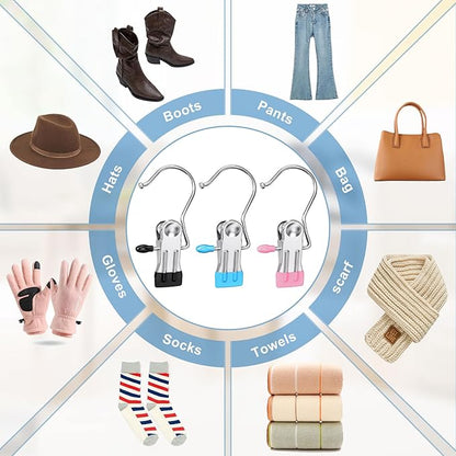 Boot Hangers Clips for Closet, Laundry Hooks Hanging Clips Clothes Pins Boot Holder Clips Space Saving Portable for Travel Tall Boots Socks Towel Jeans Hats (24, Multi)