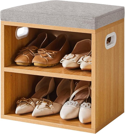 YMYNY Shoe Storage Bench with Cushion, 2 Tier Shoe Rack with Padded Seat, Adjustable Shoe Organizer Cabinet for Entryway, Living Room, Hallway, Closet, Bedroom, 15.4L*11W*16.54H, Natural, UHBD028N