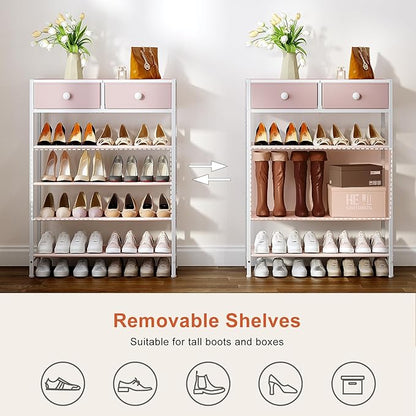 Shoe Rack, 5 Tier Shoe Organizer with 2 Drawers, Metal Shoe Storage for 16-20 Pairs of Shoes with Fabric Shelves and Wooden Top, Narrow Shoe Shelf for Closet Entryway Pink