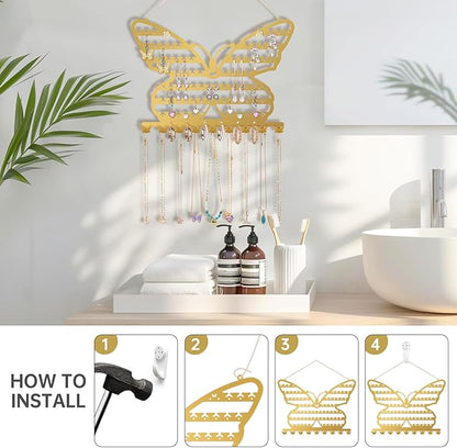 NiHome Butterfly Wall Mounted Jewelry Organizer, Decorative Metal Earring and Necklace Holder for Bedroom, Vanity, or Closet, Stylish Organizer with Easy Hanging for Fashion Lovers (Gold)