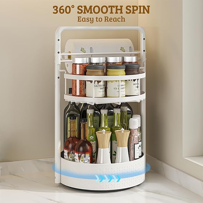 Rotating Spice Rack with Paper Towel Holder, 2 Tier Turntable Lazy Susan, Seasoning Organizer for Kitchen Countertop Cabinet, White