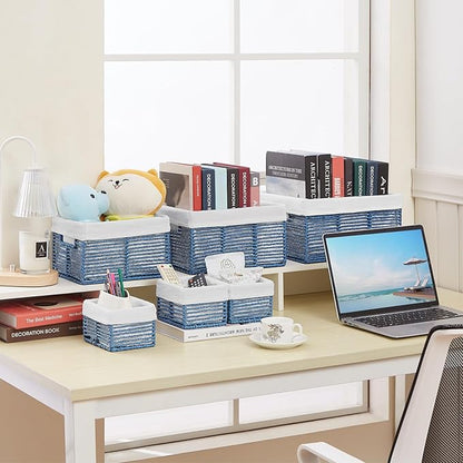 Vagusicc Wicker Storage Basket, 6 Pack Baskets for Organizing, Wicker Baskets with Handle, Rectangular Woven Basket for Storage Shelves, Cube Storage Bins for Closet/Clothes/Dresser, Blue