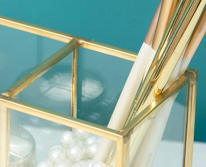 JIARI Gold 3-Compartment Desktop Organizer, Transparent Glass Makeup Brush Holder, 7.08x3.54x2.75 Inches Storage for Home Office and School Items (Gold-3 Slot)