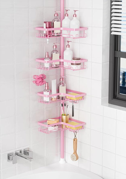 KEGII Shower Caddy Tension Pole, 4-Tier Rustproof Adjustable Corner Bathroom Organizer for Renters, 25–114.2 Inch No Drill Space-Saving Shower Storage Rack, Pink