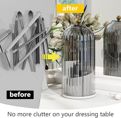 Makeup Brush Holder with Dustproof Cover 360 Rotating Makeup Brush Organizer for Vanity Bathroom, Grey