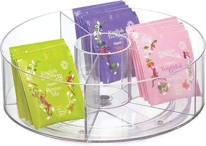 iDesign Cabinet Binz Divided Rotating Turntable Tea Packet Organizer, 9" x 9" x 3.01", Clear