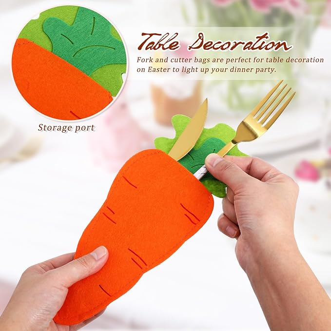 MAGICLULU 6pcs Easter Carrot Cutlery Holders, Felt Utensil Pouch Bags for Silverware, Reusable Carrot Shape Fork Sleeves, Whimsical Tableware Pockets for Spring Party & Easter Table Decor