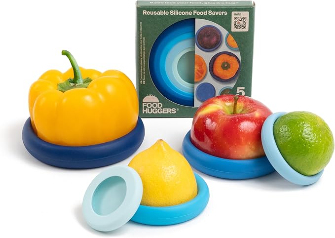 Food Huggers 5pc Reusable Silicone Food Savers | BPA Free | Plastic Free Food Storage | Dishwasher Safe | Fruit & Vegetable Produce Storage for Onion, Tomato, Lemon, Banana & Cans | Round, Ice Blue