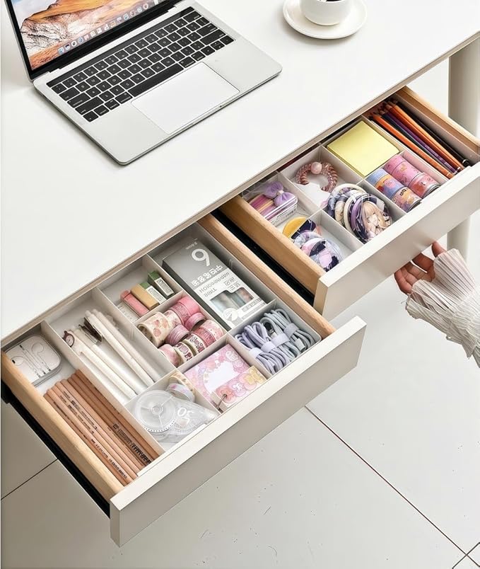Retractable Drawer Storage Box - 6 Detachable Dividers with 2.04 Inch Shallow Drawer Height PET for Kitchen Utensils, Cosmetics, Office Supplies Storage (10.43 Inch L,20.27 Inch)