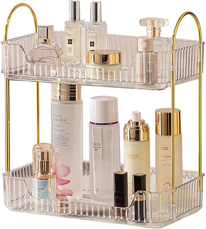 shuang qing 2 Tier Bathroom Counter Organizer Countertop Storage, Cosmetics Skincare Shelf Organizer, Makeup Organizer Perfume for Dresser Vanity Tray, Spice Rack Organizer for Kitchen - Clear